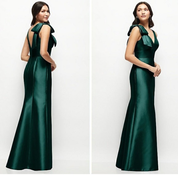 ALFRED SUNG V Neck/Back Trumpet Satin Shoulder Bow Evergreen Maxi Dress NWT 8 - Picture 2 of 10